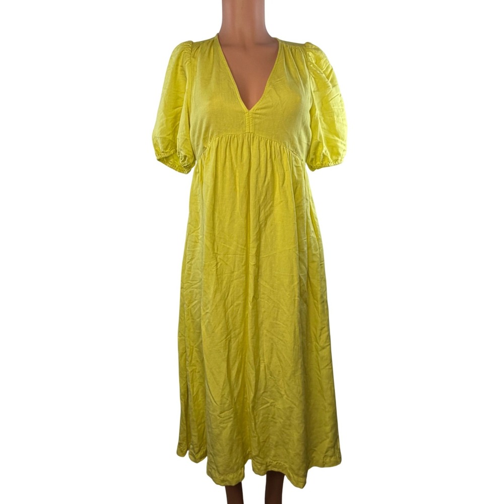 HATCH Maternity Linen Blend Yellow Empire Midi Dress‎ Puff Sleeve Baby Shower 0